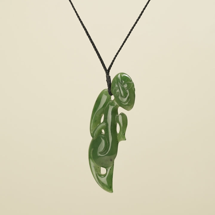 Hei Tiki Kawakawa Greenstone Extra Large Pendant, Black Binding