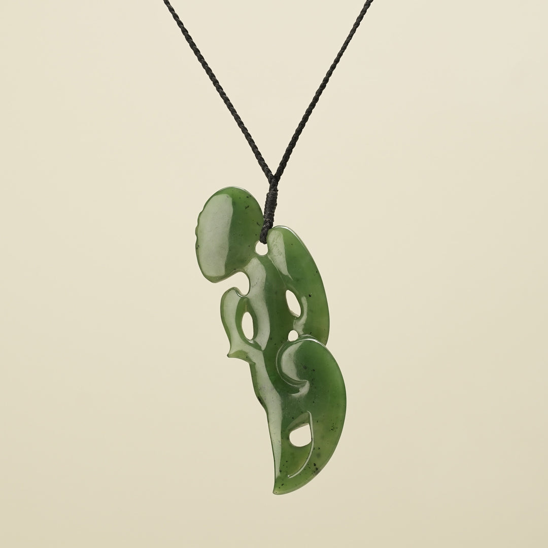 Hei Tiki Kawakawa Greenstone Extra Large Pendant, Black Binding