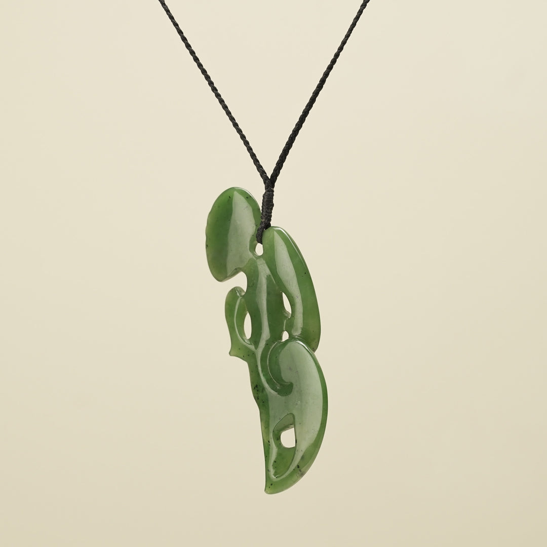 Hei Tiki Kawakawa Greenstone Extra Large Pendant, Black Binding