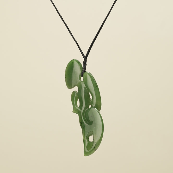 Hei Tiki Kawakawa Greenstone Extra Large Pendant, Black Binding