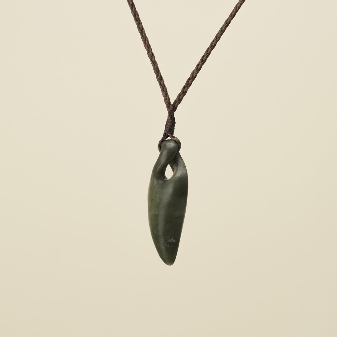 Pikorua Kawakawa Angled Small Pounamu Pendant, Brown Binding