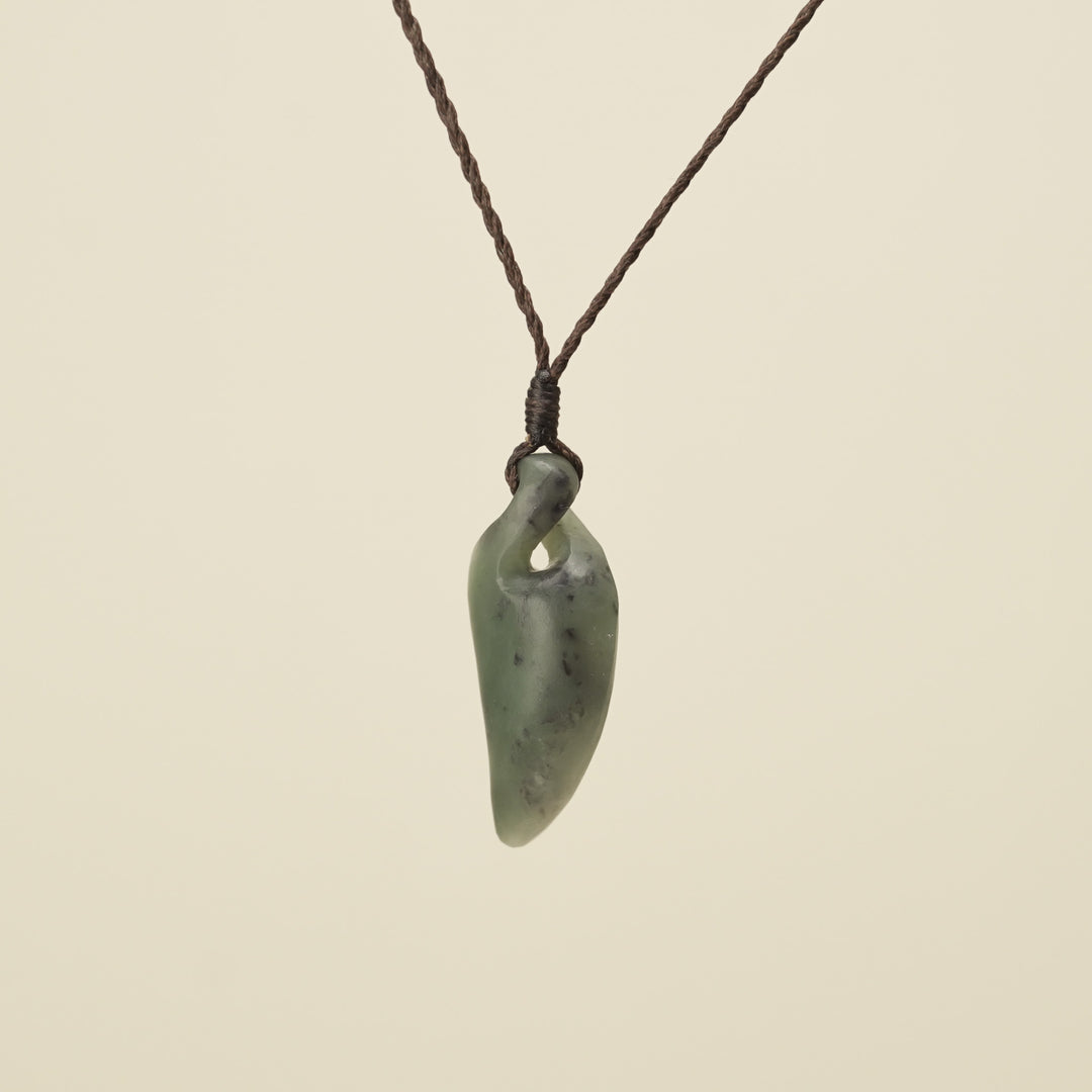 Pikorua Inanga Angled Small Pounamu Pendant, Brown Binding