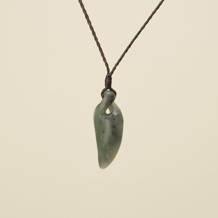 Pikorua Inanga Angled Small Pounamu Pendant, Brown Binding