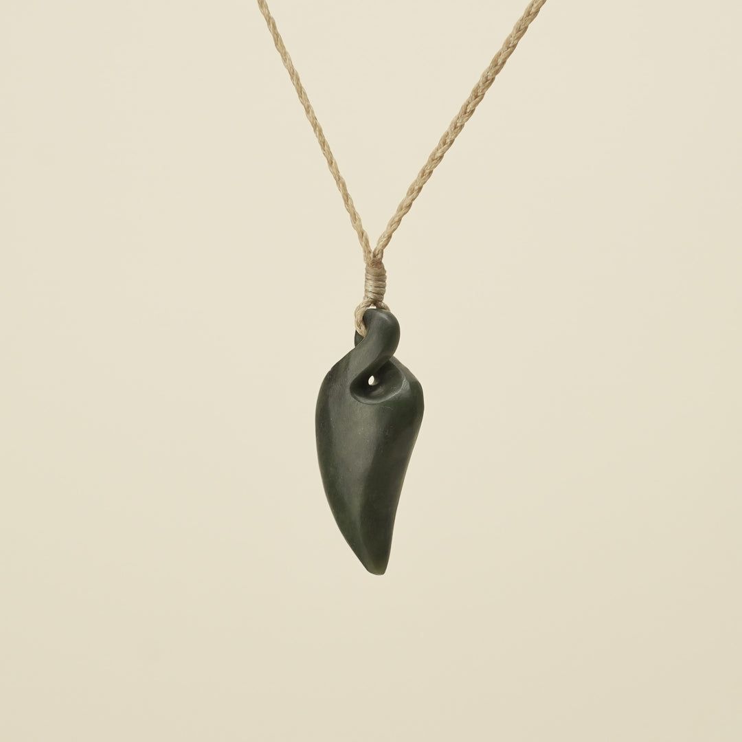 Pikorua Kawakawa Angled Small Pounamu Pendant, Tan Binding