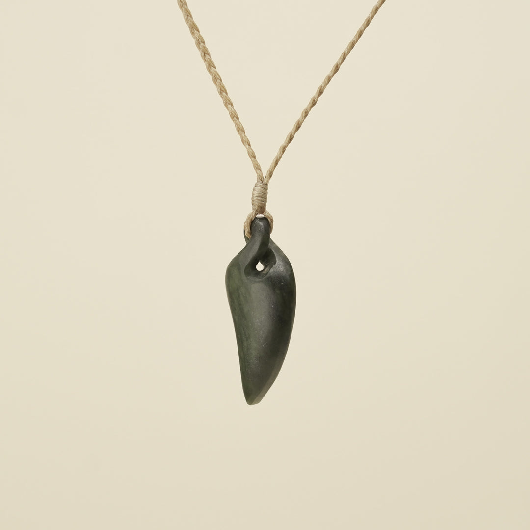 Pikorua Kawakawa Angled Small Pounamu Pendant, Tan Binding