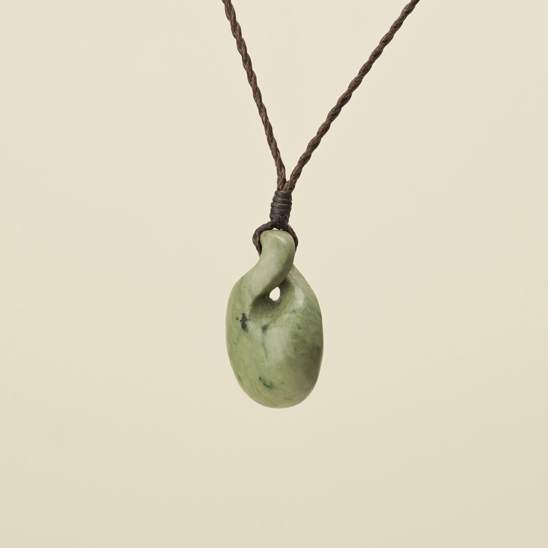 Pikorua Raukaraka Round Small Pounamu Pendant, Brown Binding