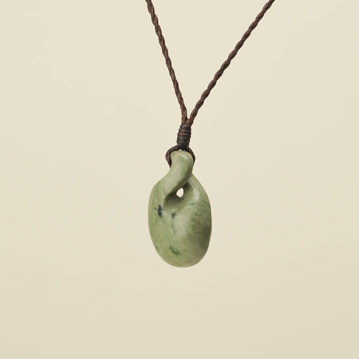Pikorua Raukaraka Round Small Pounamu Pendant, Brown Binding