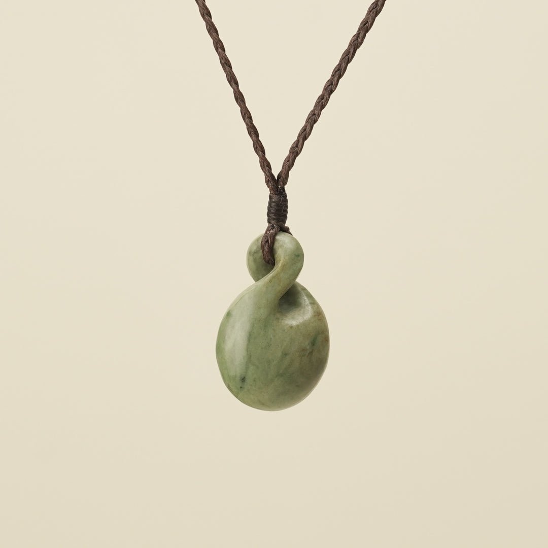 Pikorua Raukaraka Round Small Pounamu Pendant, Brown Binding