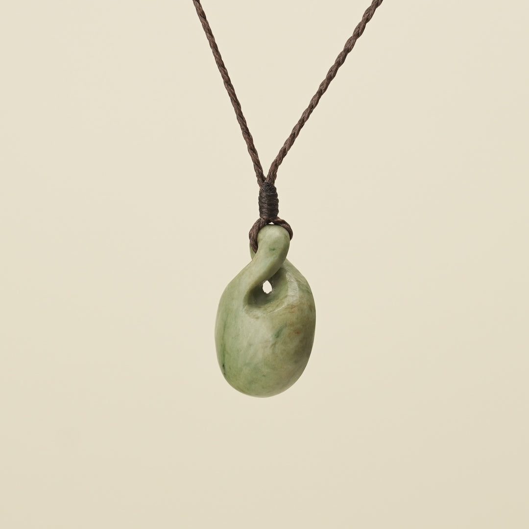 Pikorua Raukaraka Round Small Pounamu Pendant, Brown Binding