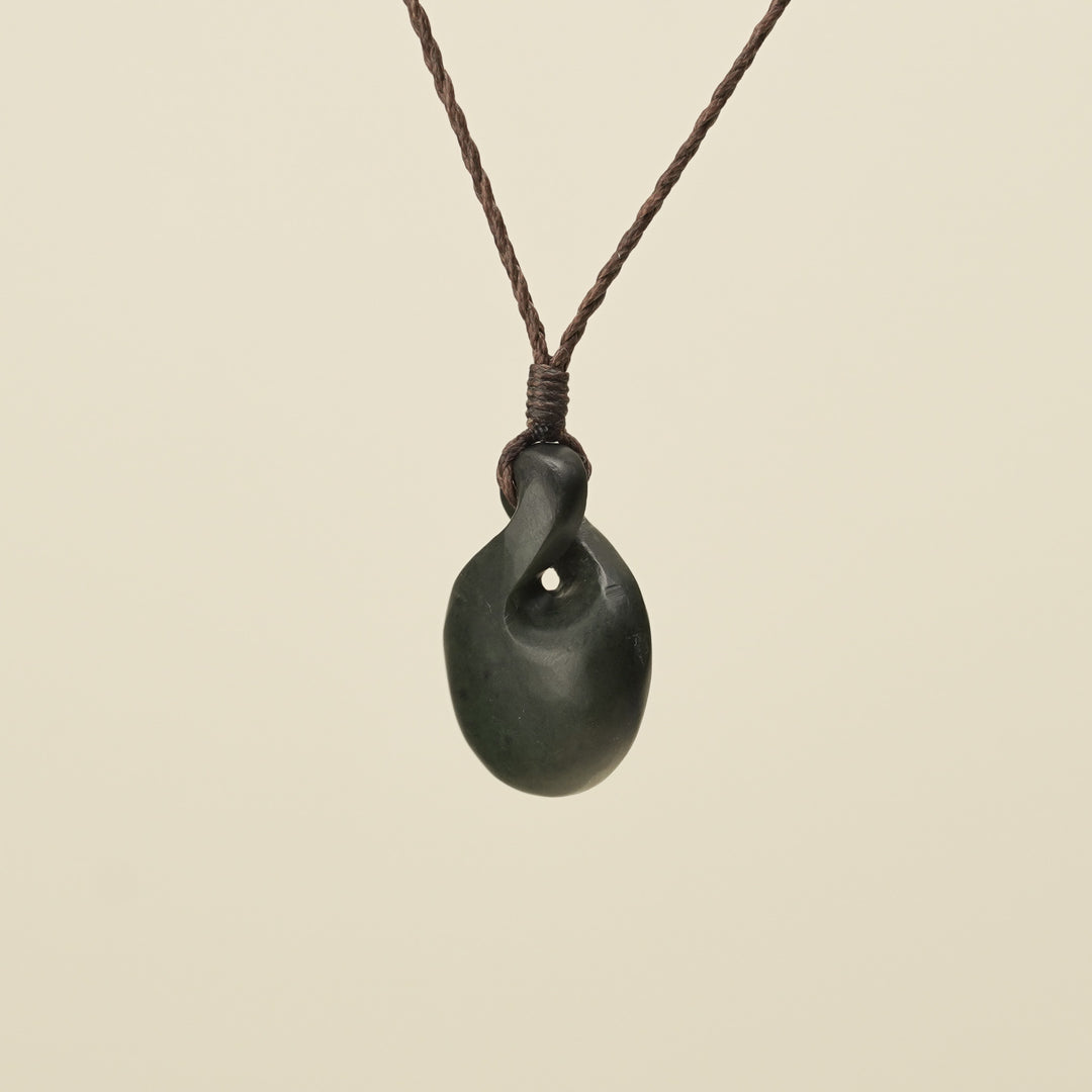Pikorua Kawakawa Round Small Pounamu Pendant, Brown Binding