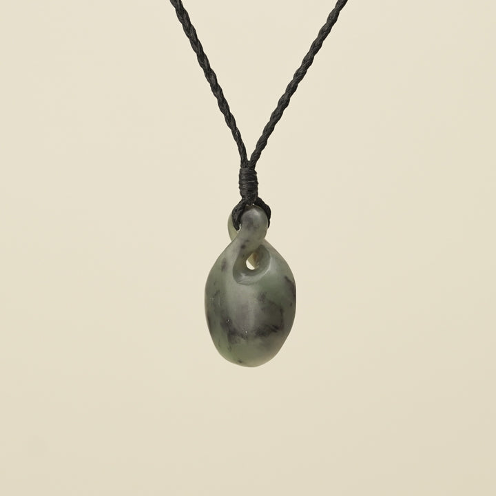 Pikorua Inanga Round Small Pounamu Pendant, Black Binding