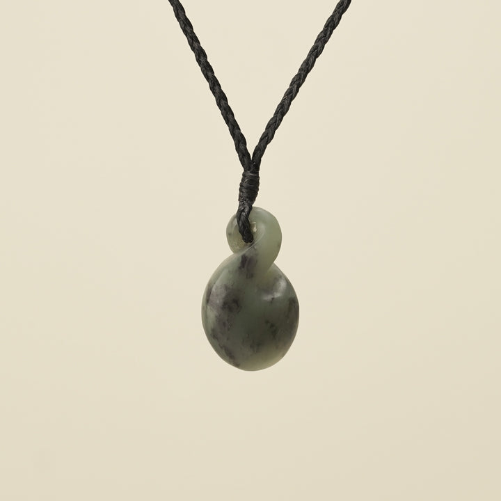 Pikorua Inanga Round Small Pounamu Pendant, Black Binding