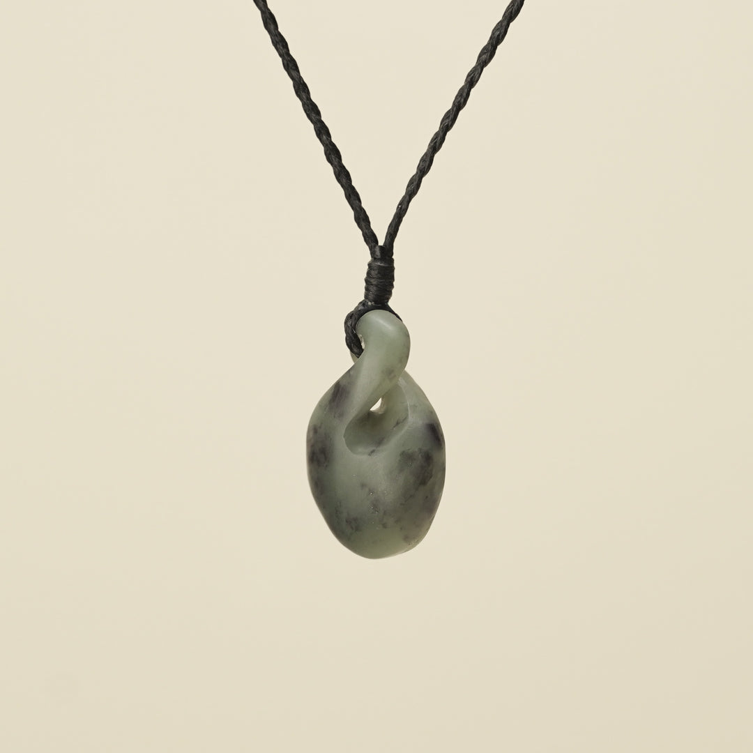 Pikorua Inanga Round Small Pounamu Pendant, Black Binding