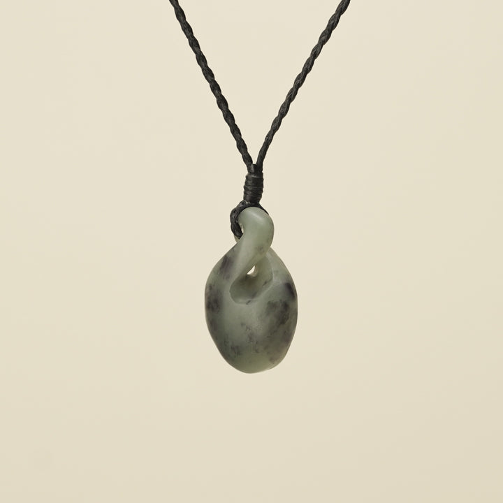 Pikorua Inanga Round Small Pounamu Pendant, Black Binding