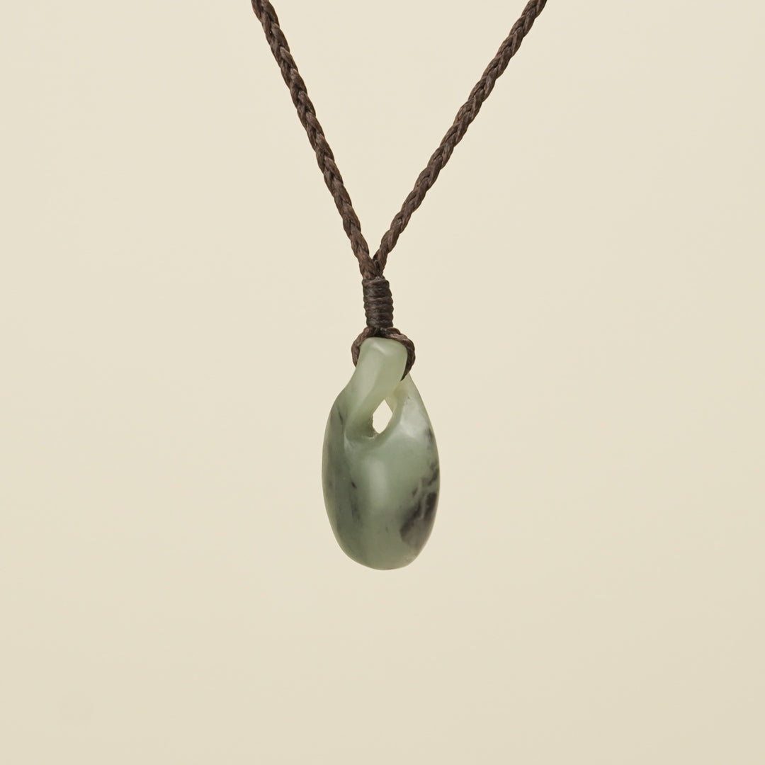 Pikorua Inanga Round Small Pounamu Pendant, Brown Binding
