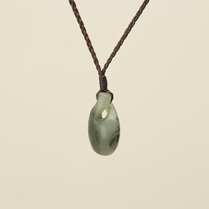 Pikorua Inanga Round Small Pounamu Pendant, Brown Binding