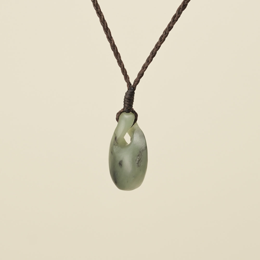 Pikorua Inanga Round Small Pounamu Pendant, Brown Binding