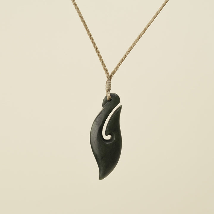 Hei Matau Kawakawa Small Pounamu Pendant, Tan Binding