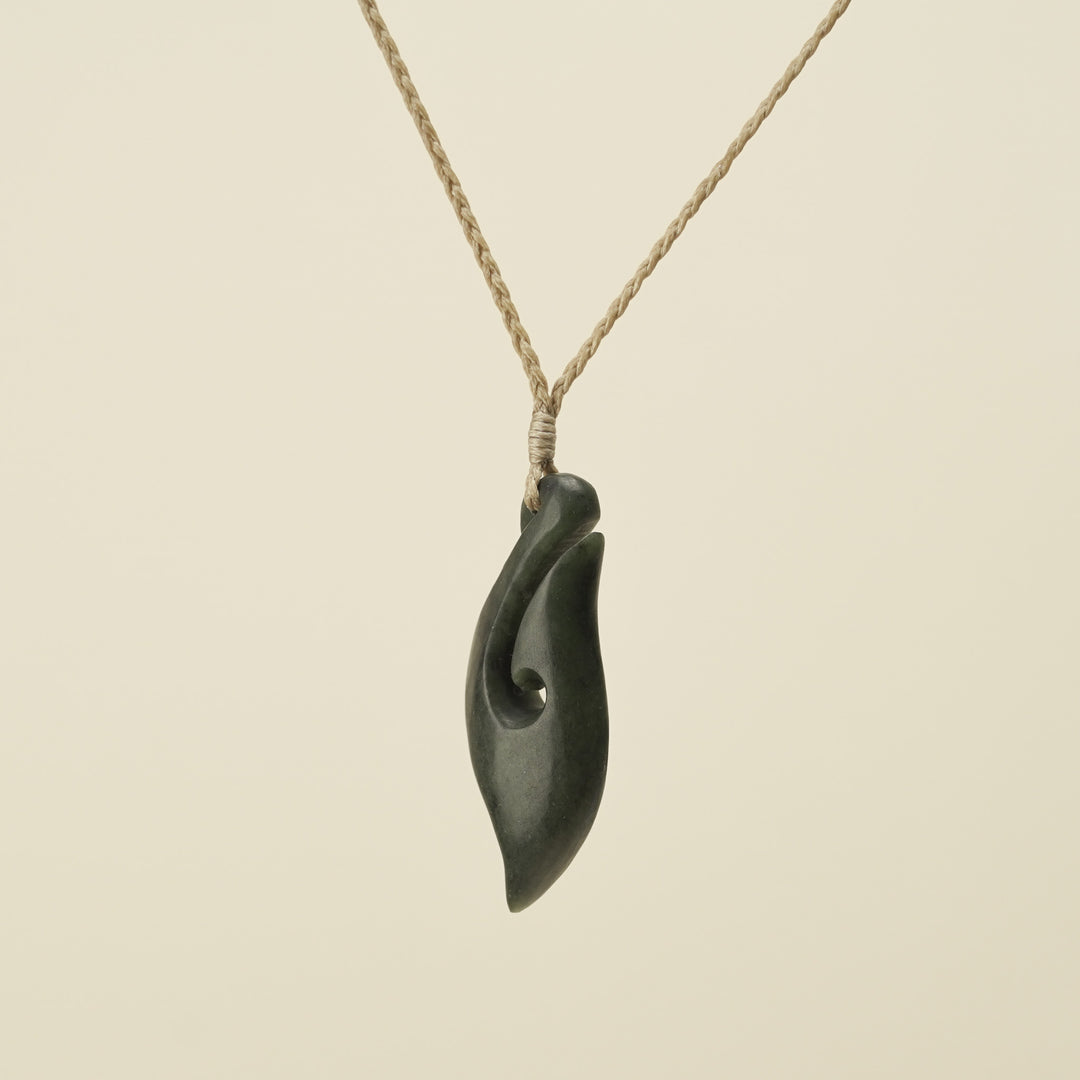 Hei Matau Kawakawa Small Pounamu Pendant, Tan Binding