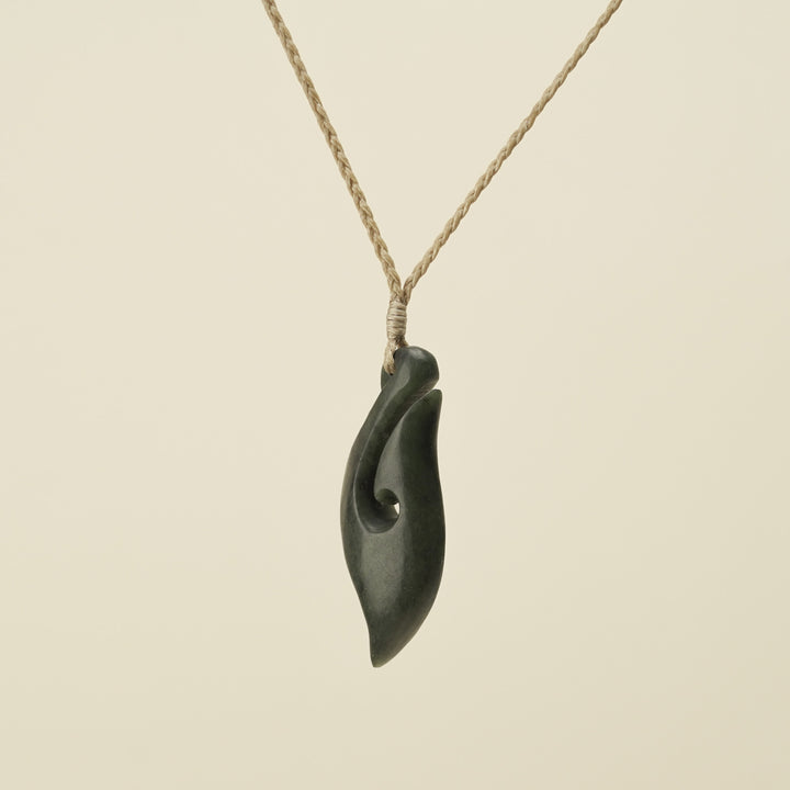 Hei Matau Kawakawa Small Pounamu Pendant, Tan Binding