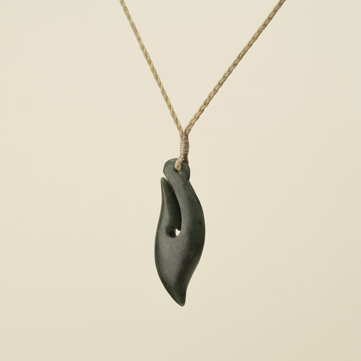 Hei Matau Kawakawa Small Pounamu Pendant, Tan Binding