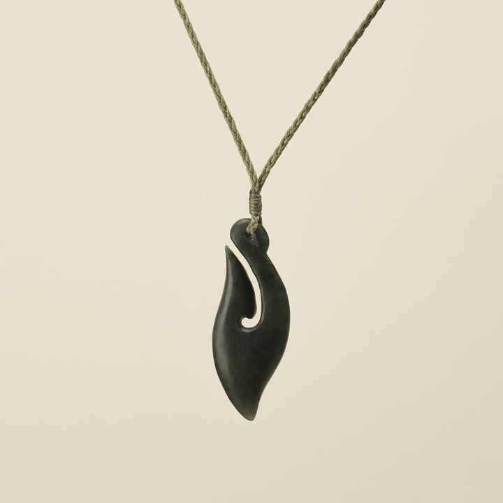 Hei Matau Kawakawa Small Pounamu Pendant, Khaki Binding