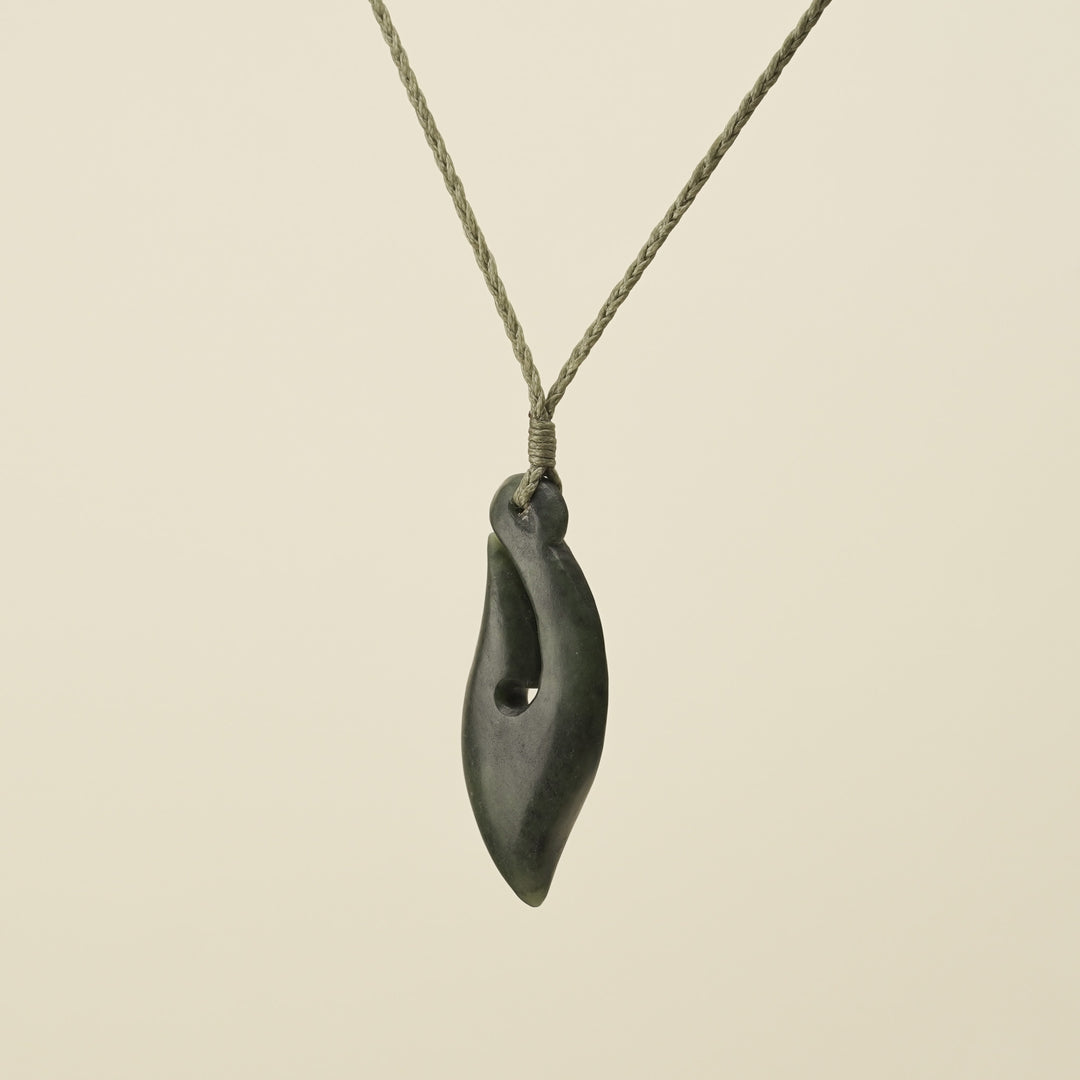 Hei Matau Kawakawa Small Pounamu Pendant, Khaki Binding