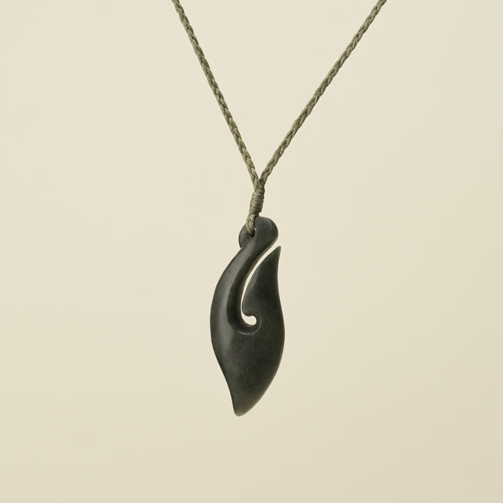 Hei Matau Kawakawa Small Pounamu Pendant, Khaki Binding
