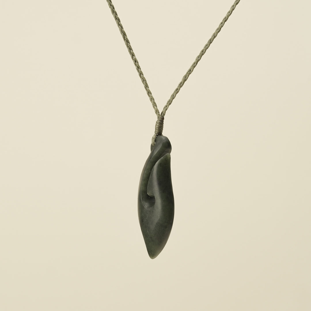 Hei Matau Kawakawa Small Pounamu Pendant, Khaki Binding