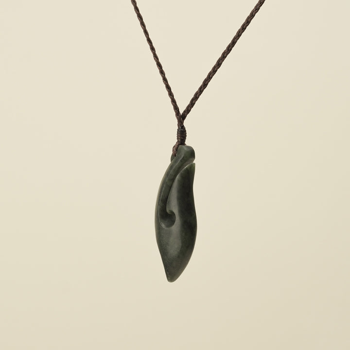 Hei Matau Kawakawa Small Pounamu Pendant, Brown Binding