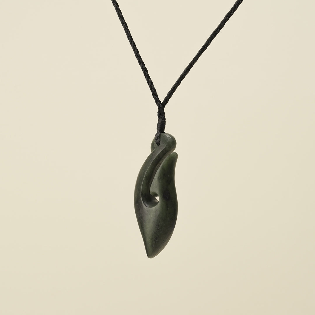 Hei Matau Kawakawa Small Pounamu Pendant, Black Binding