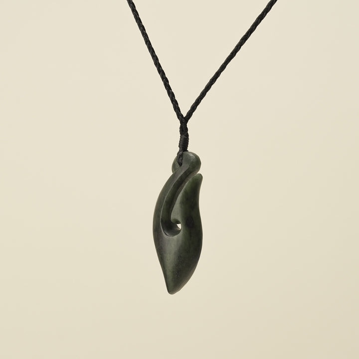 Hei Matau Kawakawa Small Pounamu Pendant, Black Binding