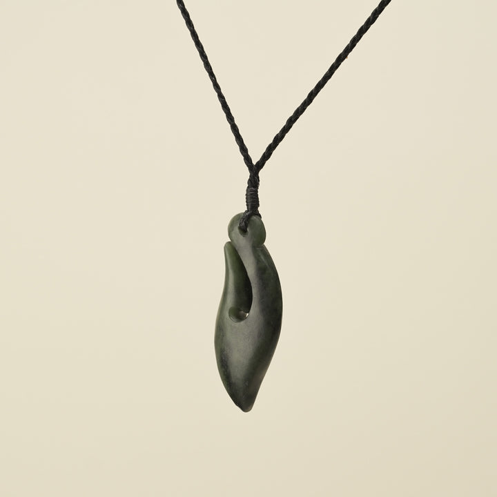 Hei Matau Kawakawa Small Pounamu Pendant, Black Binding
