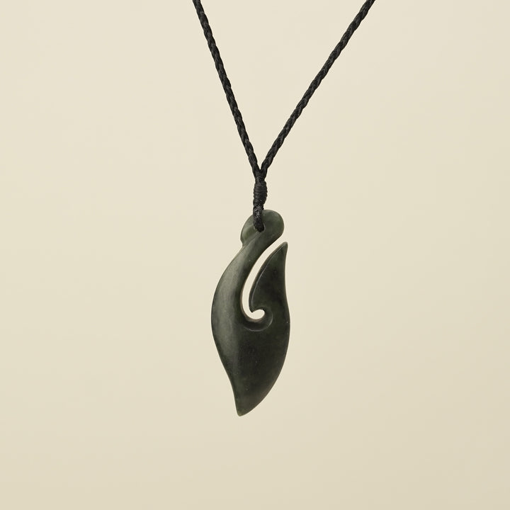 Hei Matau Kawakawa Small Pounamu Pendant, Black Binding
