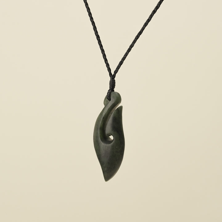 Hei Matau Kawakawa Small Pounamu Pendant, Black Binding