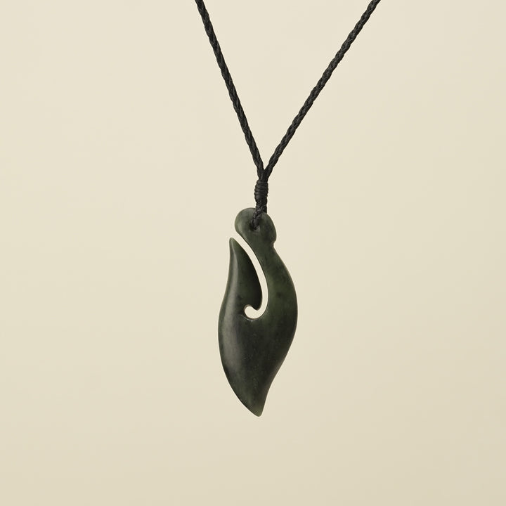 Hei Matau Kawakawa Small Pounamu Pendant, Black Binding
