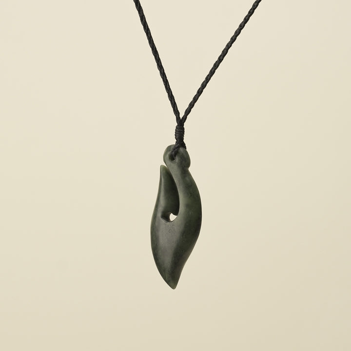 Hei Matau Kawakawa Small Pounamu Pendant, Black Binding