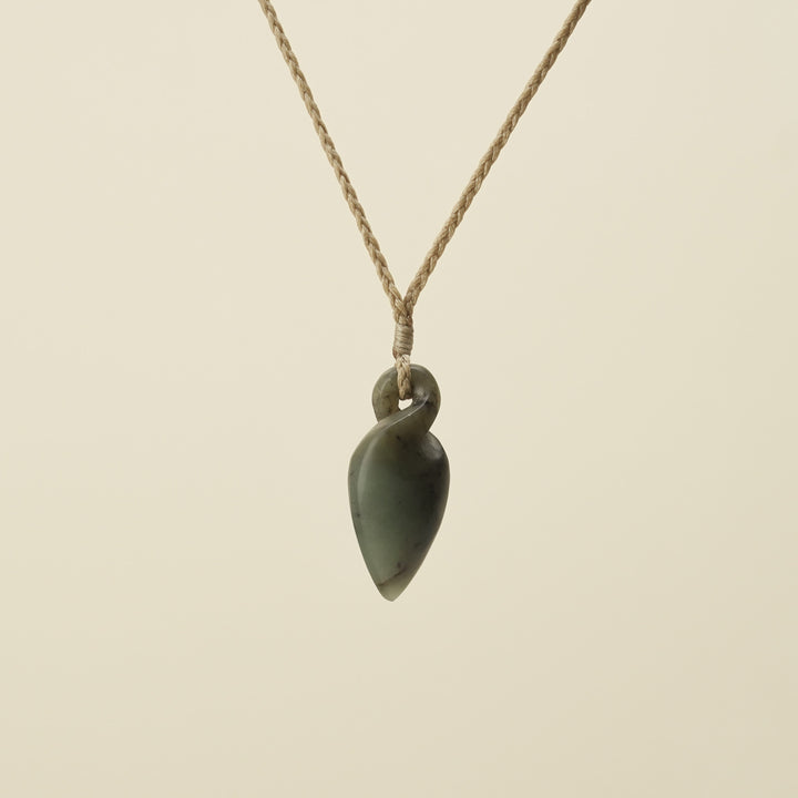 Pikorua Inanga Small Pounamu Pendant, Tan Binding