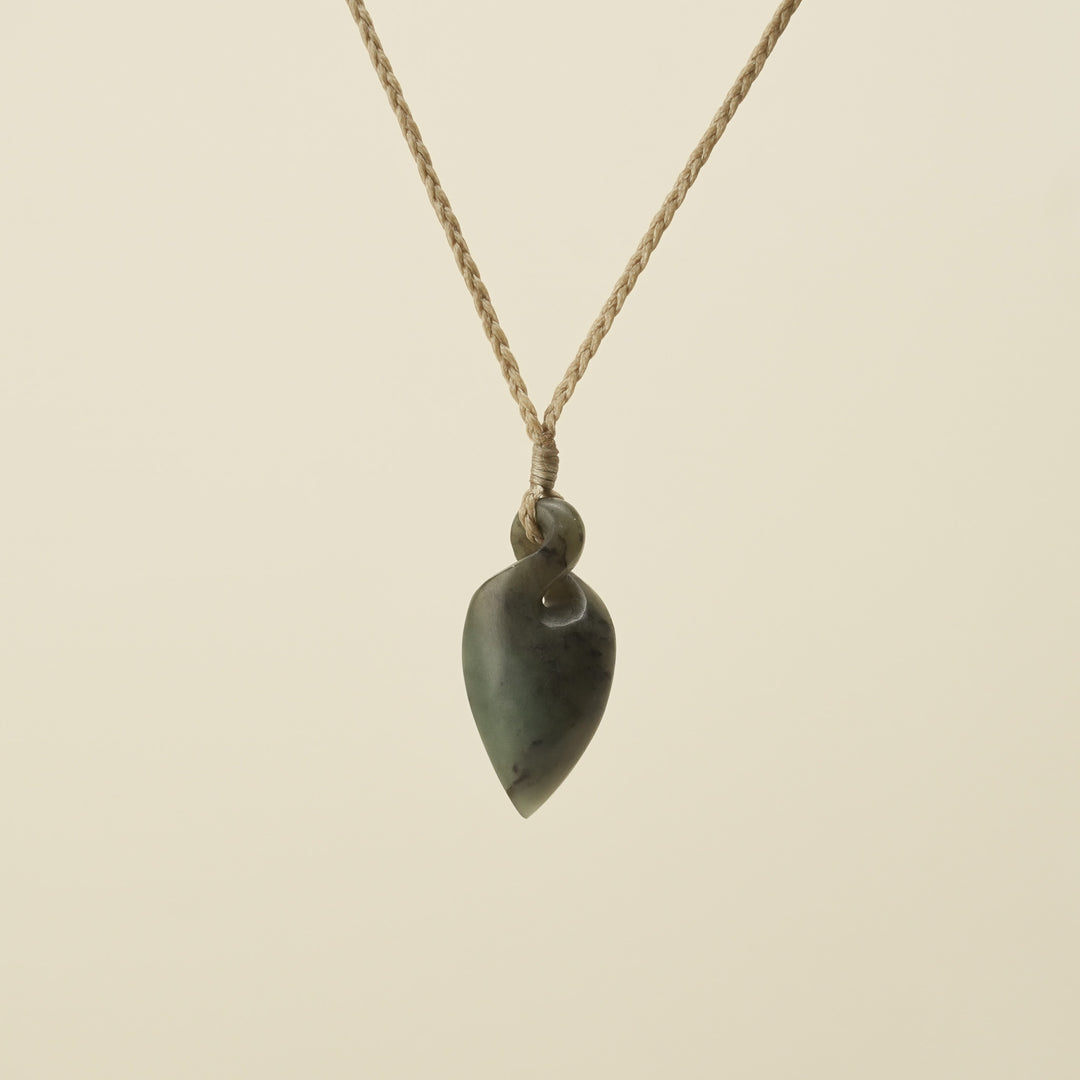 Pikorua Inanga Small Pounamu Pendant, Tan Binding