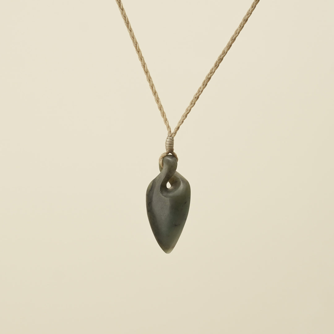 Pikorua Inanga Small Pounamu Pendant, Tan Binding
