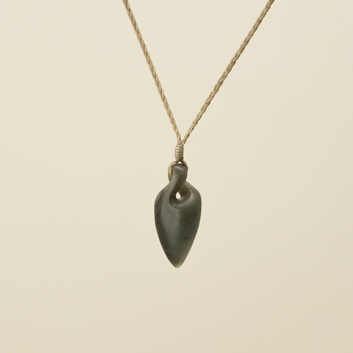 Pikorua Inanga Small Pounamu Pendant, Tan Binding