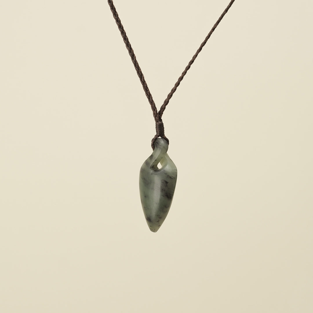 Pikorua Inanga Small Pounamu Pendant, Brown Binding