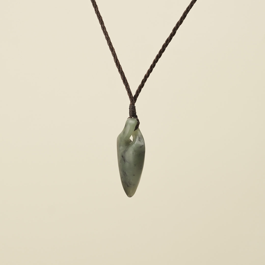 Pikorua Inanga Small Pounamu Pendant, Brown Binding