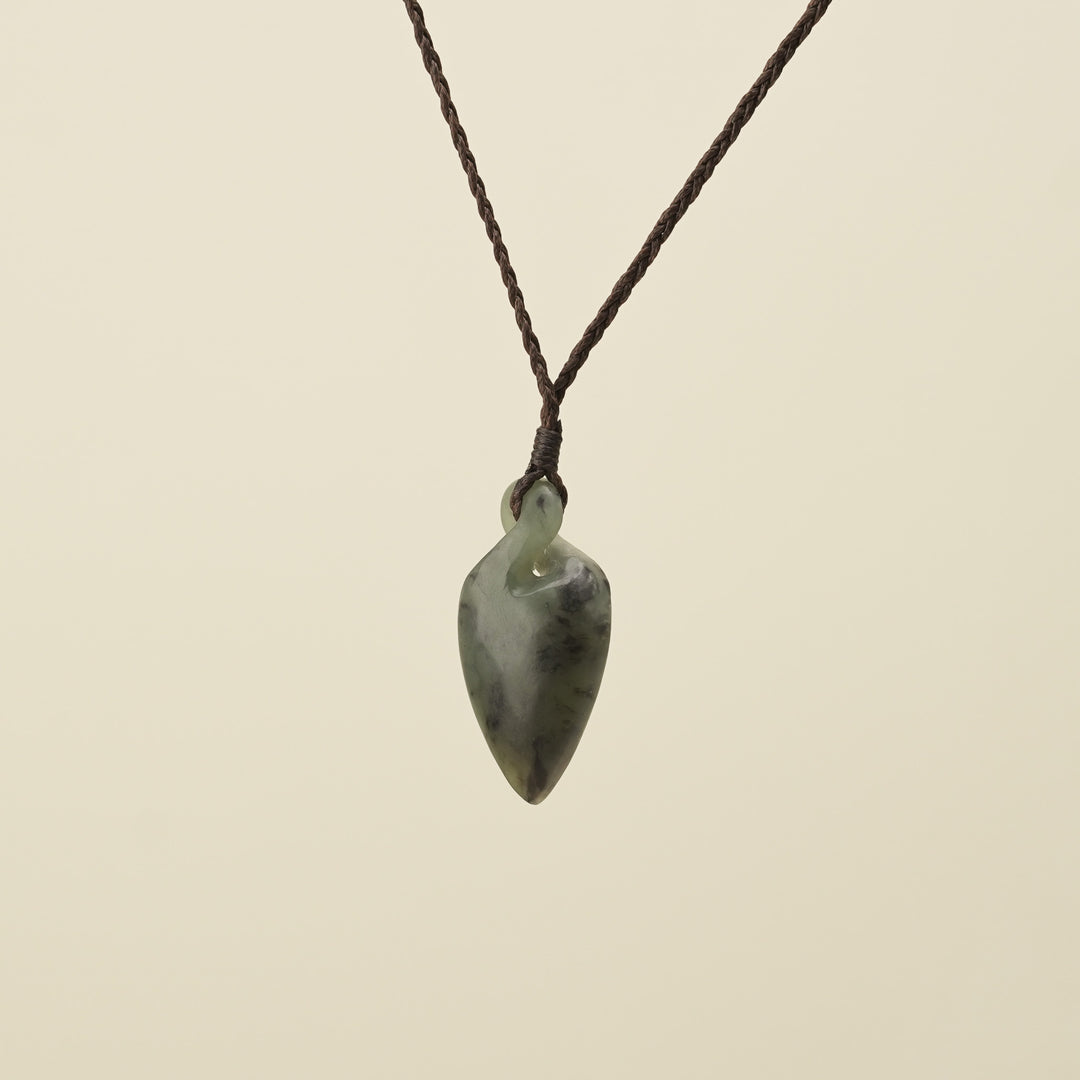 Pikorua Inanga Small Pounamu Pendant, Brown Binding