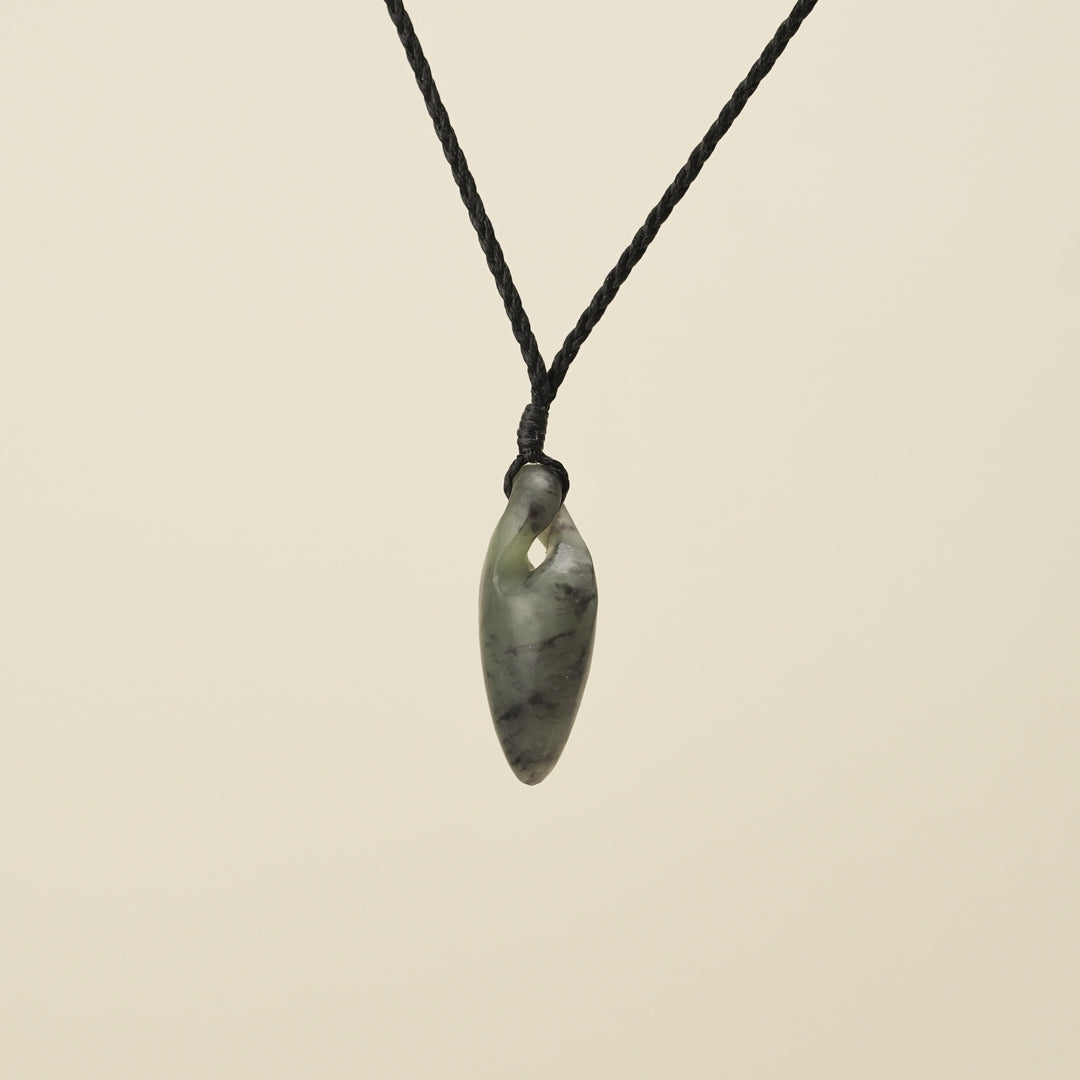 Pikorua Inanga Small Pounamu Pendant, Black Binding