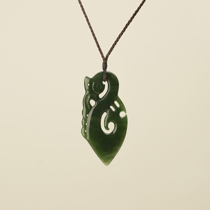 Manaia Kawakawa Greenstone Large Pendant Brown Binding