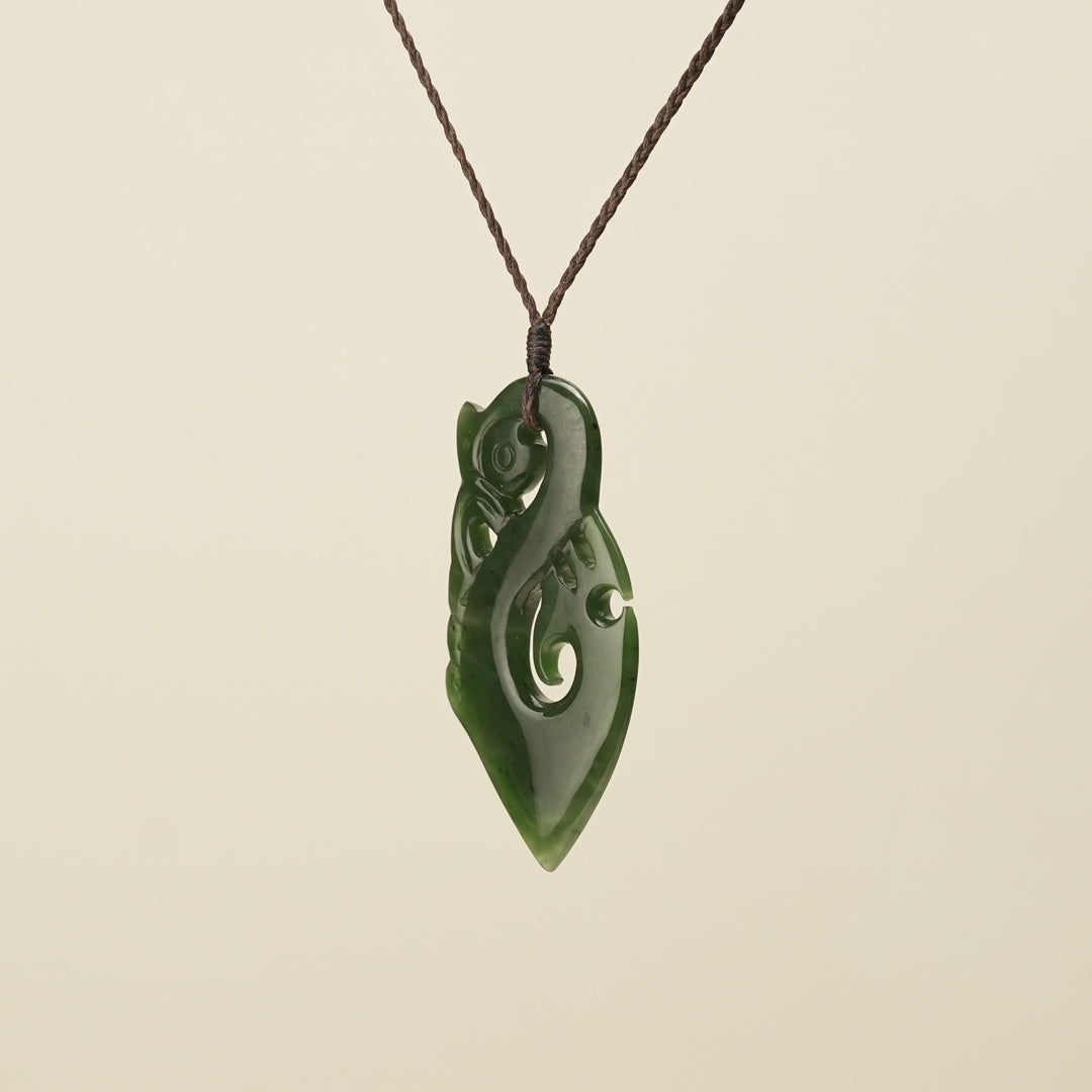 Manaia Kawakawa Greenstone Large Pendant Brown Binding