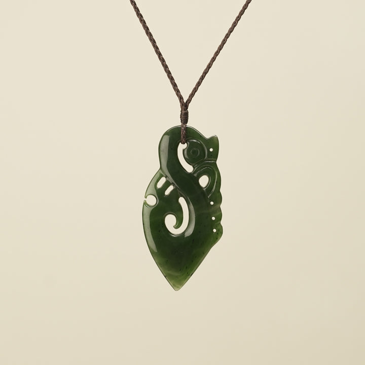 Manaia Kawakawa Greenstone Large Pendant Brown Binding