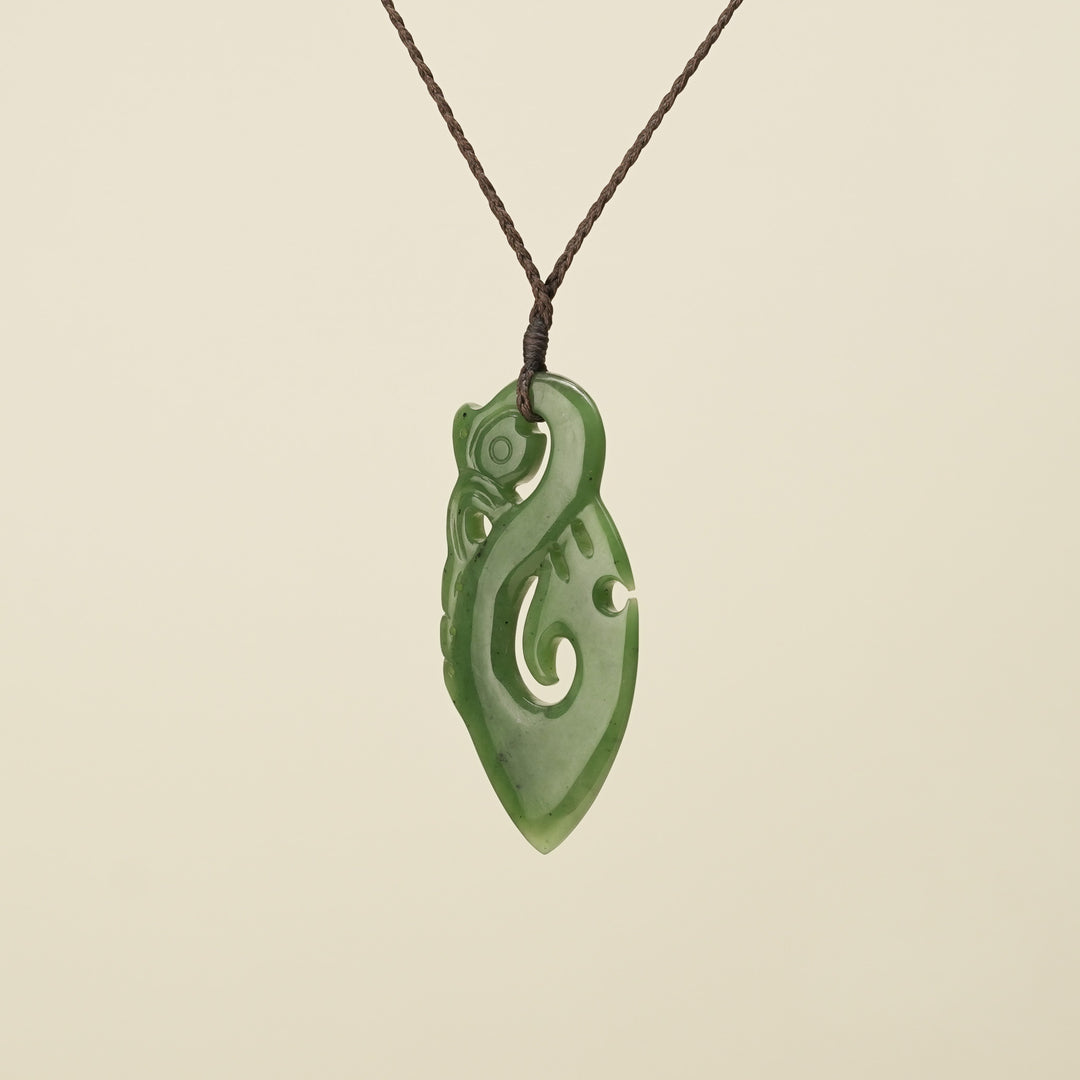 Manaia Kawakawa Greenstone Large Pendant Brown Binding