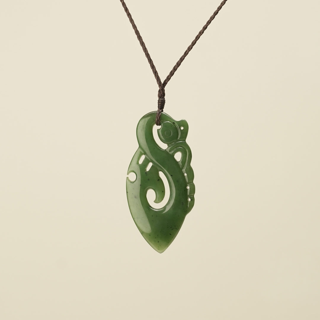 Manaia Kawakawa Greenstone Large Pendant Brown Binding